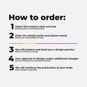 May include: How to order a custom poster: 1. Select the product style and size (framed or unframed). 2. Enter the artist and album name. 3. We will prepare and send a design preview. 4. Approve the design or request changes. 5. We will continue production.