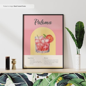 Póster de recetas de Paloma / Póster de recetas clásicas de cócteles / Impresión colorida de cócteles / Pósteres de cócteles / Arte mural de carrito de bar / Póster de Paloma