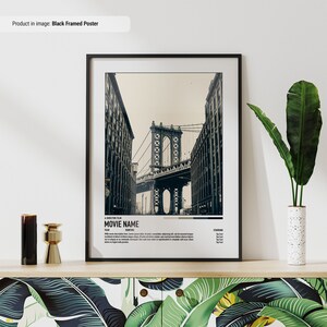 May include: Black and white photo of the Manhattan Bridge in New York City. The poster is framed in black and has a minimalist design with the title "MOVIE NAME" and text about the director, year, runtime, and starring actors.
