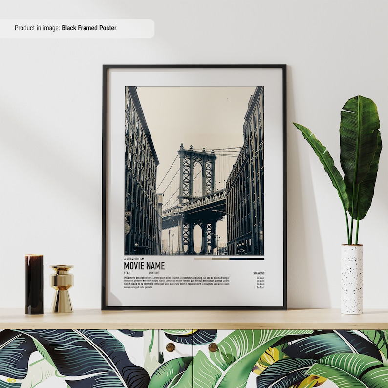 May include: Black and white photo of the Manhattan Bridge in New York City. The poster is framed in black and has a minimalist design with the title "MOVIE NAME" and text about the director, year, runtime, and starring actors.