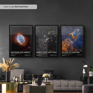 James Webb Set Of 3 Black Poster Art, Space Posters, NASA James Webb Space Telescope Images, Nebula Print, Space Deep Field