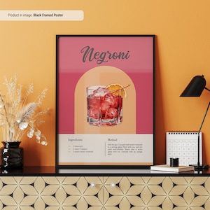 Póster de recetas de Negroni / Póster de recetas de cócteles clásicos / Impresión de cócteles coloridos / Pósteres de cócteles / Arte mural de carrito de bar / Póster de Negroni
