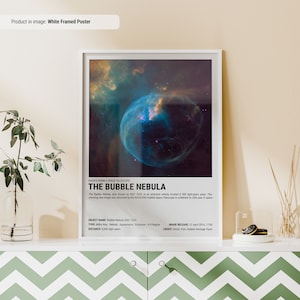 May include: A white framed poster with a colorful image of the Bubble Nebula, a cosmic cloud of gas and dust. The poster includes text about the nebula, including its name, type, distance, and image release date. The text reads: "NASA's Hubble Space Telescope, The Bubble Nebula, The Bubble Nebula, also known as NGC 7635, is an emission nebula located 8,000 light-years away. This stunning new image was observed by the NASA/ESA Hubble Space Telescope to celebrate its 26th year in space. Object Name: Bubble Nebula, NGC 7635, Type: Milky Way: Nebula, Appearance: Emission, H II Region, Distance: 8,000 light years, Image Release: 21 April 2016, 17:00, Credit: NASA, ESA, Hubble Heritage Team."