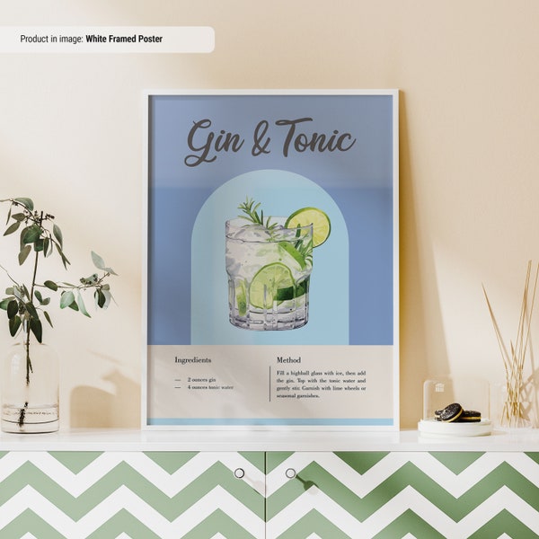 Gin & Tonic Recipe Poster | Classic Cocktail Recipes Poster | Colorful Cocktail Print | Cocktail Posters | Bar Cart Wall Art | Gin Poster