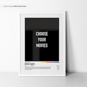 May include: White framed poster with a black background and the text "CHOOSE YOUR MOVIES". The poster has a movie title placeholder, "MOVIE NAME", with placeholders for year, runtime, and starring cast.