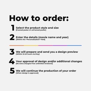 May include: How to order a custom movie poster: 1. Select the product style and size (framed or unframed). 2. Enter the movie name and year in the "Personalization" field. 3. We will prepare and send a design preview within 12-24 hours via Etsy. 4. Approve the design or request changes. 5. We will continue production once the design is approved.