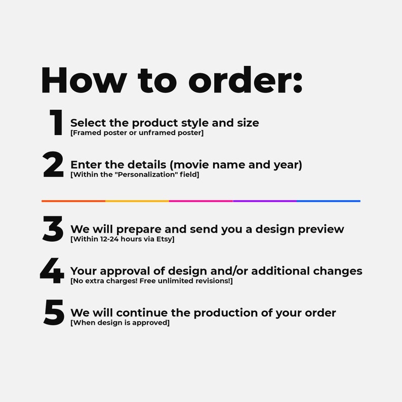 May include: How to order a custom movie poster: 1. Select the product style and size (framed or unframed). 2. Enter the movie name and year in the "Personalization" field. 3. We will prepare and send a design preview within 12-24 hours via Etsy. 4. Approve the design or request changes. 5. We will continue production once the design is approved.