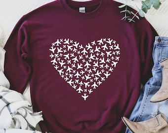 Airplane Sweatshirt, Airplane Heart Sweatshirt, Airplane Crewneck, Pilot Sweatshirt, Flight Attendant Sweatshirt