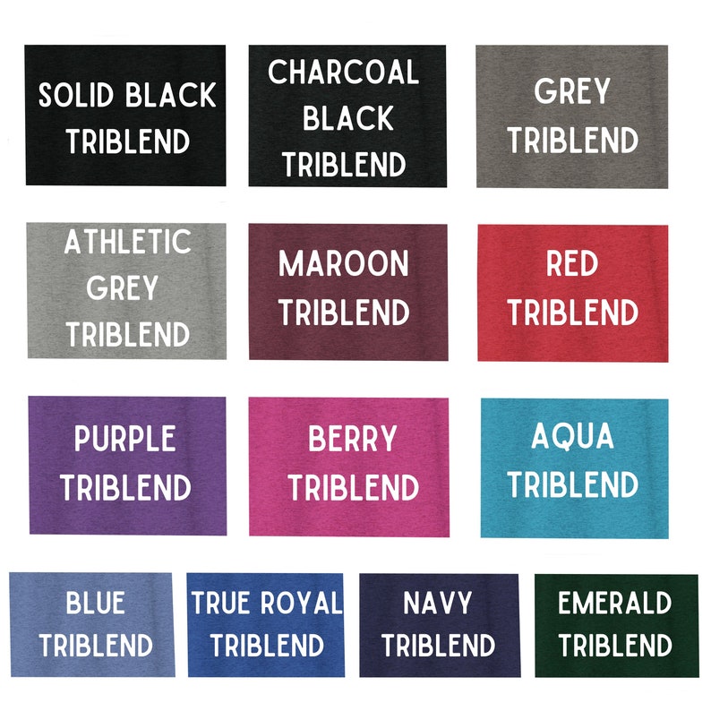 Op de afbeelding: Een kleurenkaart met 12 verschillende triblend t-shirt kleuren. De kleuren zijn: Zwart, Antraciet, Grijs, Atletiek grijs, Bordeaux, Rood, Paars, Bes, Aqua, Blauw, Koninklijk blauw en Marineblauw.