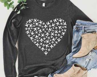 Airplane Heart Long-Sleeve, Airplane Shirt, Airplane Heart Shirt, Flight Attendant Gift, Flight Attendant Shirt