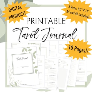 May include: Printable tarot journal with 10 pages, featuring a green leaf design. The journal is available in three sizes: 8.5 inches by 11 inches, A4, and A5.