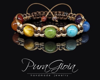 Bracelet chakra de perles fait main exclusif | Belle pierre précieuse de qualité macramé améthyste cornaline jade oeil de tigre | Amulette de cristal de guérison