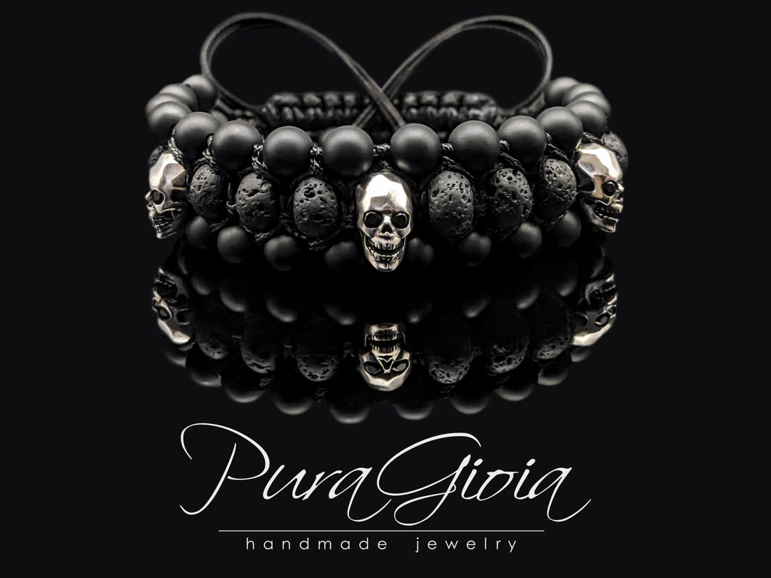 Exclusive Handmade Macrame Skull Bracelet | Lava Stone, Black Agate and ...
