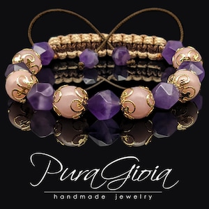 Exclusive Handmade Half Beaded Bracelet | Beautiful Quality Gemstones Pink Opal Amethyst Stone Gold | Adjustable Healing Crystal Amulet Gift