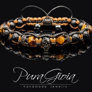 Exclusive Handcrafted Tiger Eye & Black Agate Skull Bracelet with Zircons - Adjustable Macrame Amulet for Energy, Protection, Unisex Gift