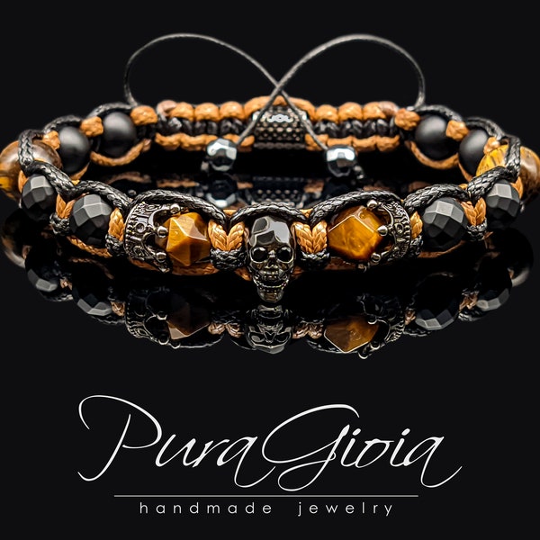 Exklusives handgefertigtes Tigerauge- und schwarzes Achat-Totenkopf-Armband mit Zirkonen – verstellbares Makramee-Amulett für Energie, Schutz, Unisex-Geschenk