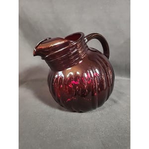 Anchor Hocking Royal Ruby Red Swirl Tilted Glass Ball Pitcher 80 oz Vintage 50s