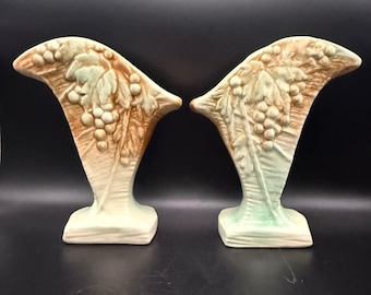 McCoy Pottery Rustic Line Grape Leaf Fan Vase Pair Art Deco Ceramic Vintage 40s