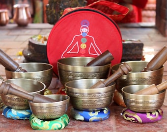 Natural Singing Singing bowl set Of 7- Chakra Carved Tibetan singing bowl - sound healing set - Meditation Bowl -Spiritual Bowl
