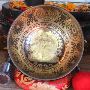 11 inches Diameter Green Tara  Mandala  Carving with Mantra handmade singing bowl-Mantra Blessed singing bowl for Meditation and Healing