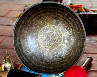 8 Inches Singing Bowl- Flower of life and full mantra  Tibetan Singing Bowls Comes With Mallet- Best For Yoga, Meditation, Healing