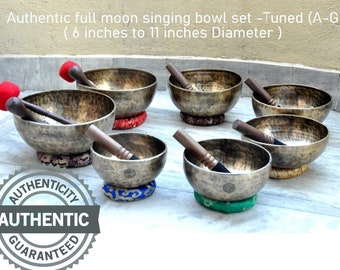 Juego de 7 cuencos cantores Tune Full Moon, hechos a mano - Master Healing Himalaya, ideales para la atención plena, la meditación y el yoga.