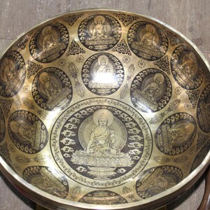17 inch Medicine Buddha Carving Bowl | Deep Soothing Sound Bowl | Handmade Singing Bowl | Tibetan Singing Bowl | Superfine Hand Carving Bowl