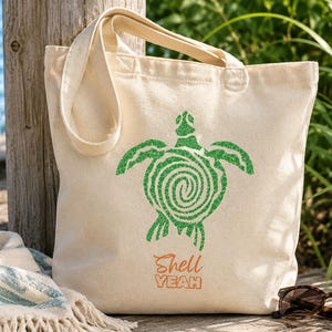 Shell Yeah Tote Bag | Sea Turtle Beach Tote | Coastal Canvas Bag