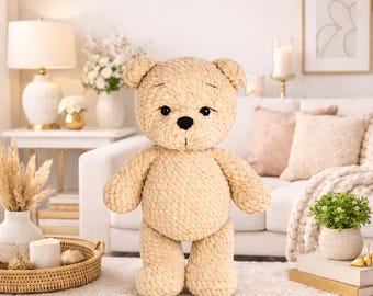 Teddy Bear Crochet Pattern, Cute Bear Amigurumi PDF, Baby Shower Gift Idea, Chunky Plush Crochet, Jungle Animal Crochet Toy