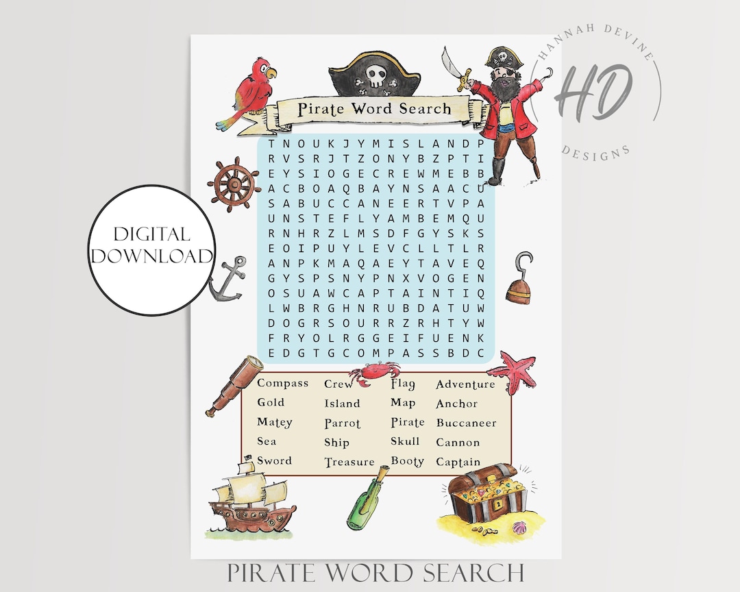 Pirate Adventure Word Search for Kids | Printable Activity | Pirate ...