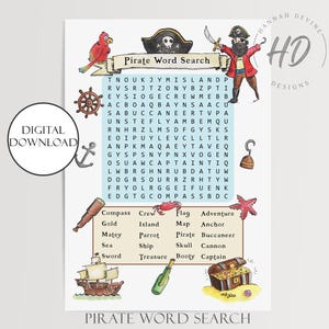 Puede incluir: Un rompecabezas de búsqueda de palabras con temática pirata para imprimir con un fondo azul y una ilustración colorida de un barco pirata, un pirata y un cofre del tesoro. El rompecabezas incluye palabras relacionadas con los piratas, como "brújula", "tripulación", "oro", "isla", "bandera", "aventura", "compañero", "loro", "pirata", "bucanero", "mar", "barco", "calavera", "cañón", "espada", "tesoro", "botín" y "capitán".