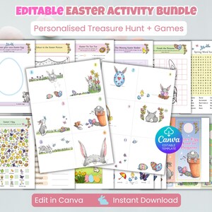 Op de afbeelding: Een paasactiviteitenpakket met printbare spelletjes en een schattenjacht. De bundel bevat pagina's met illustraties van konijntjes, eieren en bloemen. Tekst bevat "Editable Easter Activity Bundle", "Personalised Treasure Hunt + Games".