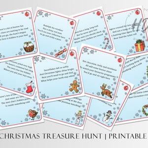 Caça ao Tesouro de Natal | 12 cartões de dicas para imprimir | Jogo infantil interno