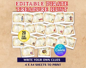 Printable Pirate Treasure Hunt Clues for Kids, Pirate Scavenger Hunt Game, Pirate Birthday Activity, Editable Treasure Hunt Clue Cards PDF