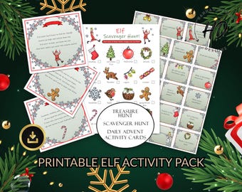 Paquete de actividades imprimibles de duendes navideños: Búsqueda del tesoro y tarjetas de Adviento (descarga digital)