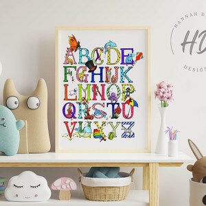 Alfabeto ilustrado à mão para imprimir | Decoração para quarto de bebê | Arte educacional