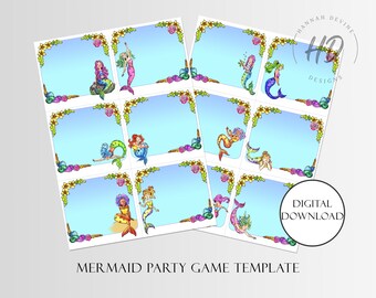 May include: Two sheets of mermaid-themed party game templates. Each template features a light blue background with colorful mermaid illustrations and floral borders. The text "MERMAID PARTY GAME TEMPLATE" is at the bottom, with "DIGITAL DOWNLOAD" in a circle.