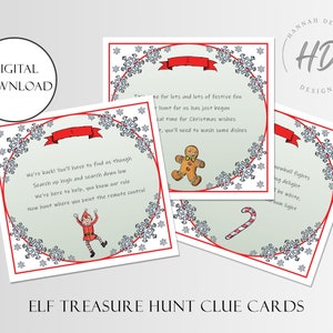 May include: Digital download of Elf Treasure Hunt clue cards. Each card has a red border, snowflake accents, and a festive poem. Illustrations include a gingerbread man, candy cane, and an elf. The cards are designed for a Christmas game.
