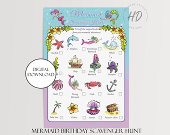 Op de afbeelding: Een digitaal te downloaden speurtochtspel met zeemeermintthema. Het spel bevat illustraties van zeemeerminnen, zeedieren en andere gerelateerde items. De tekst "Mermaid Scavenger Hunt" en "Mermaid Birthday Scavenger Hunt" worden weergegeven.