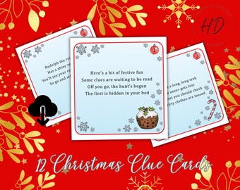 Puede incluir: Imagen festiva con tres tarjetas de pistas navideñas con poemas e ilustraciones temáticas. Las tarjetas son blancas con bordes rojos y detalles de copos de nieve, sobre un fondo rojo con elementos decorativos dorados. El texto "12 Christmas Clue Cards" está en la parte inferior.