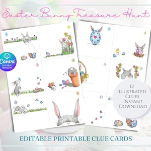 May include: Two square cards with illustrated Easter bunny clues. The cards feature colourful drawings of bunnies, eggs, and flowers. Text on the cards reads "Easter Bunny Treasure Hunt", "12 Illustrated Clues Instant Download", and "Editable Printable Clue Cards".