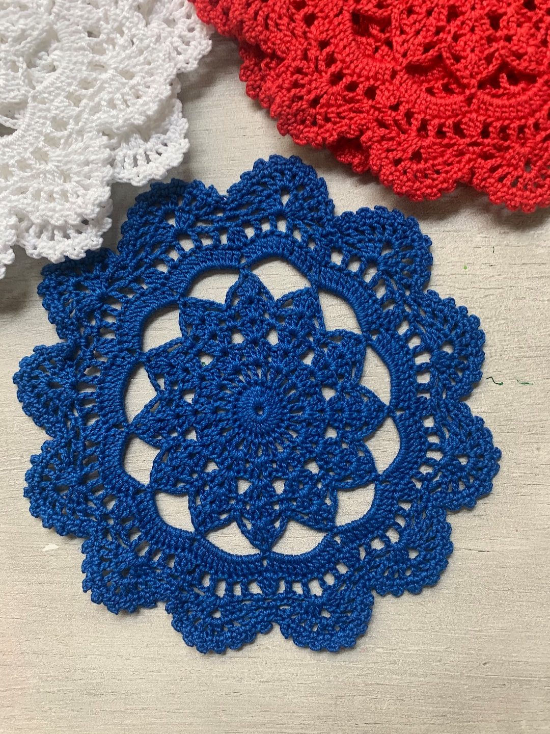 Crocheted Round Doilies, Red Doilies, Blue Doilies, White Doilies, 6
