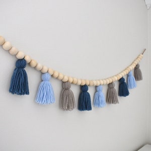 Neutral Blue Tassel Garland with Wooden Beads | Blue and Oatmeal Colors | Nursery Decor | Room Decor | Dorm Decor