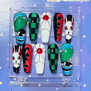 Hand Painted Demon Anime Press on Nails with Gel Manicure (Reg Coffin) various shapes and lengths are available