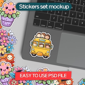 Puede incluir: Una colección de pegatinas de flores coloridas y una pegatina de autobús escolar amarilla se muestran en una computadora portátil. Las pegatinas presentan flores sonrientes y el texto "Stickers set mockup" y "EASY TO USE PSD FILE".