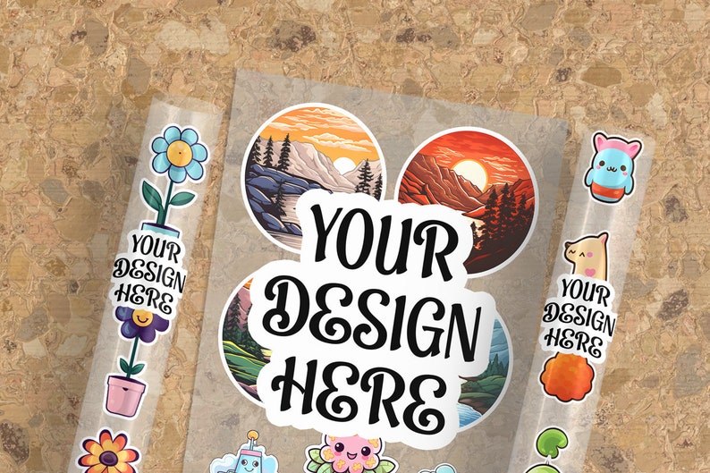 May include: A sheet of clear sticker paper with various designs. The designs include a flower, a mountain landscape, a sunset, a cute cartoon character, and the text "YOUR DESIGN HERE".