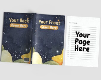 以下が含まれることがあります： 表紙に星空のデザインが施されたノート。表紙には「Your Front Cover Here」と「Your Back Cover Here」の文字が書かれている。ノートの内側には「Your Page Here」というテキストが書かれたTODOリストがある。