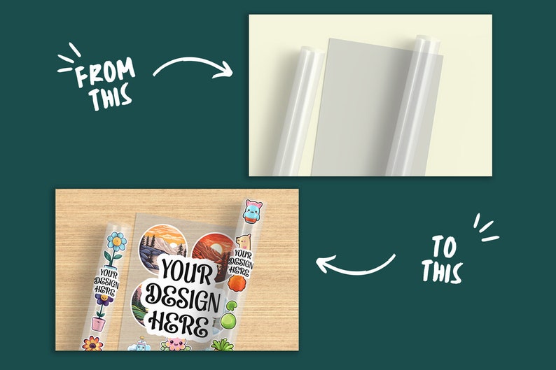 May include: Two clear plastic sheets with a design printed on them. The design includes a mountain range, a sunset, a flower, and the text "Your Design Here".
