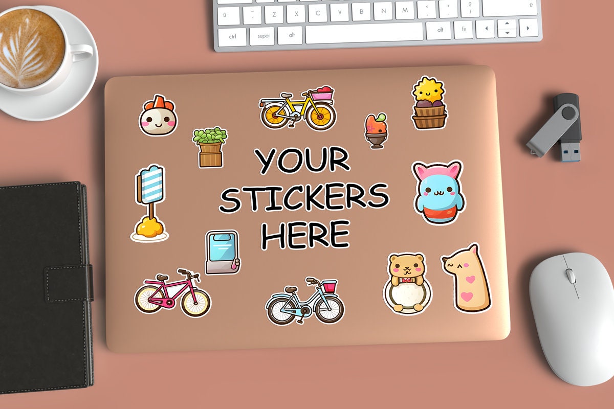 Laptop Stickers Mockup With Desk Elements Psd and Jpg, Laptop Stickers ...