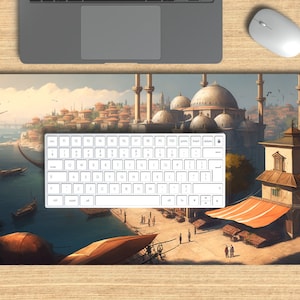 May include: A colorful illustration of a city with a mosque in the background. The city is on a peninsula with a body of water in the foreground. The illustration is in a cartoon style and has a whimsical feel.